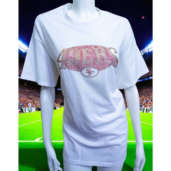 Tops White Women San Francisco 49ers T-shirt with Rhinestones Size Large - Picture 1 of 5